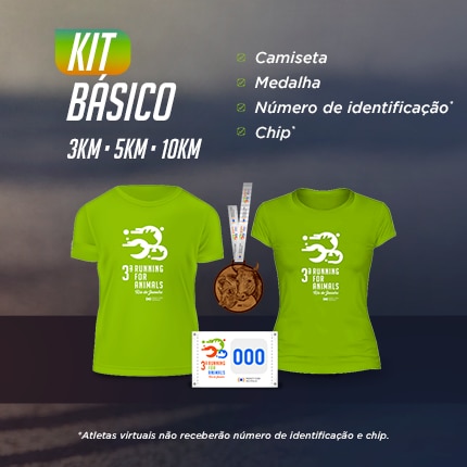 Kit básico 3KM 5KM 10KM. Camiseta, medalha, número de identificação*, chip*. *Atletas virtuais não receberão número de identificação e chip.