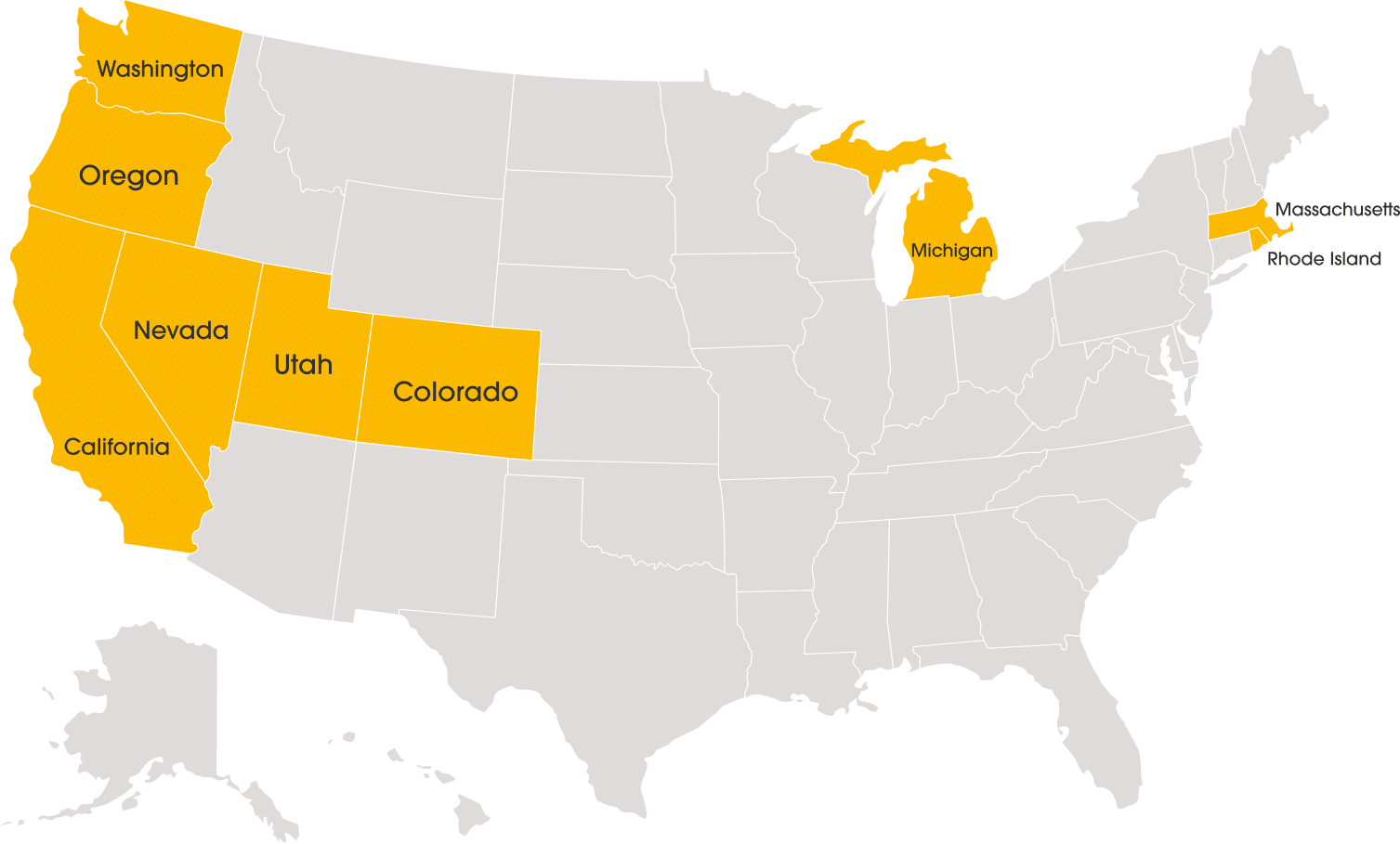 Map of The United States of America with these states highlighted in yellow: California, Colorado, Massachusetts, Michigan, Nevada, Oregon, Rhode Island, Utah, Washington.