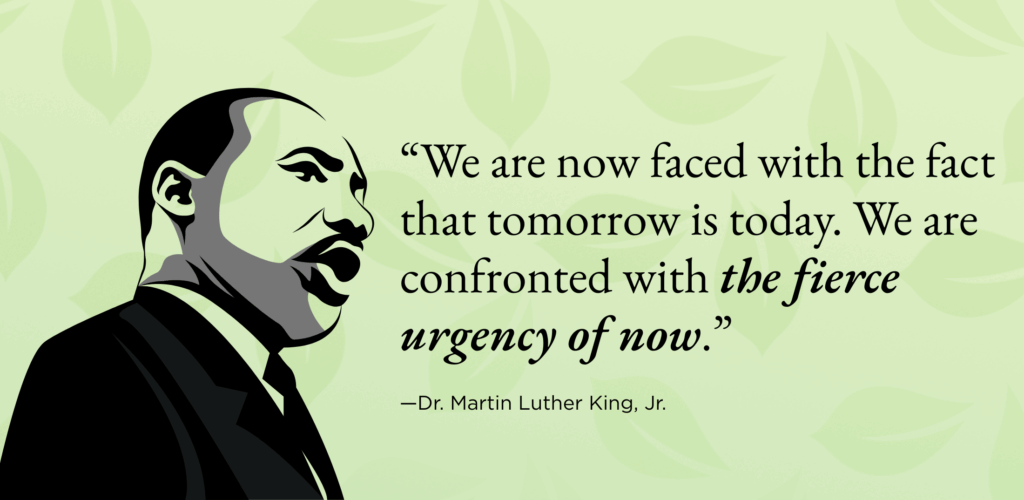“We are now faced with the fact that tomorrow is today. We are confronted with the fierce urgency of now.”
—Dr. Martin Luther King, Jr. 