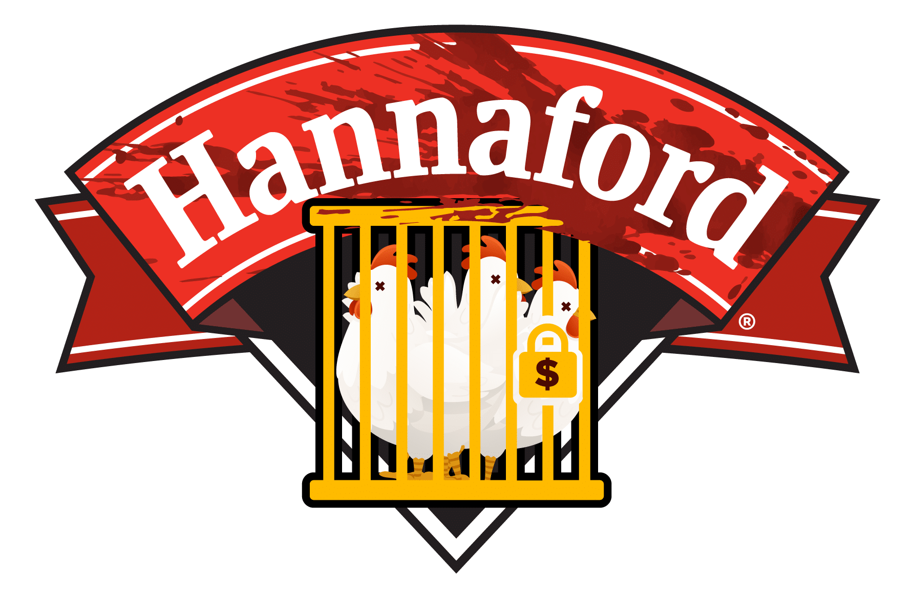 A spoof of Hannaford’s logo depicting hens in a cage