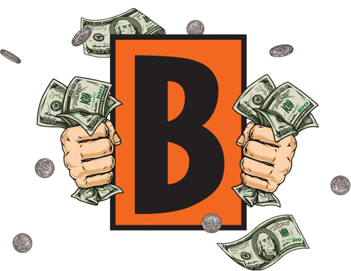 Biggby logo and illustrated fists filled with dollar bills. $100 dollar bills and coins falling all around.