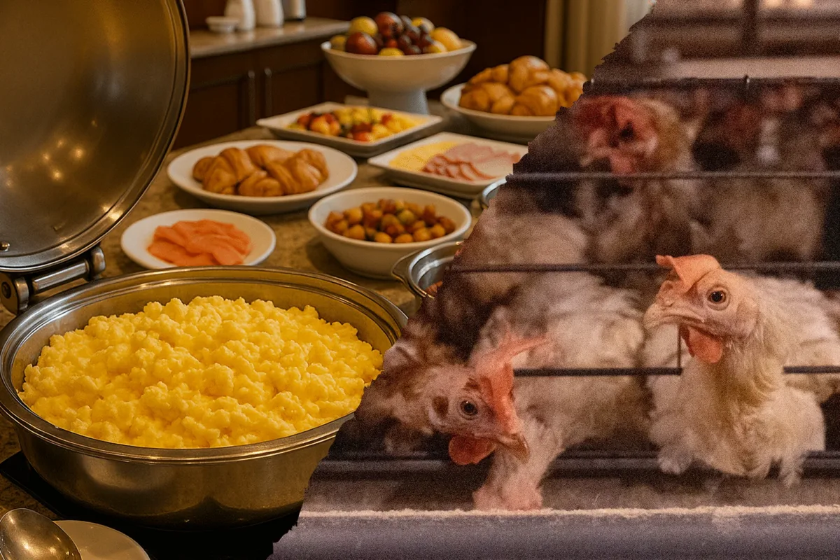 A luxury hotel breakfast buffet image is torn open to reveal hens trapped in factory farm cages underneath.