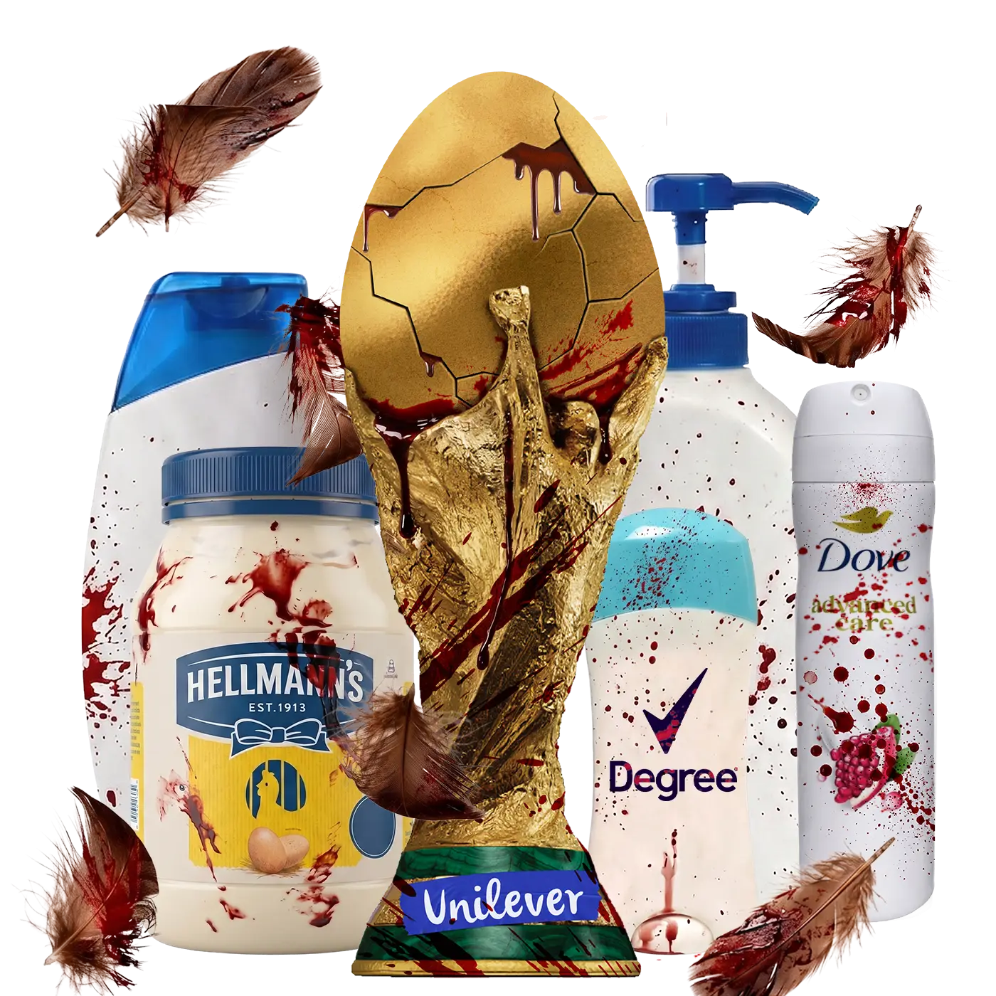 Graphic illustration of a blood-stained World Cup trophy with a Unilever label, surrounded by bloody feathers and blood-splattered products from brands like Hellmann's, Dove, and Degree.