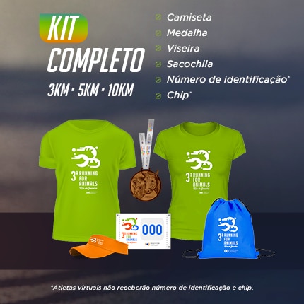 Kit completo 3KM 5KM 10KM. Camiseta, medalha, viseira, sacochila, número de identificação*, chip*. *Atletas virtuais não receberão número de identificação e chip.