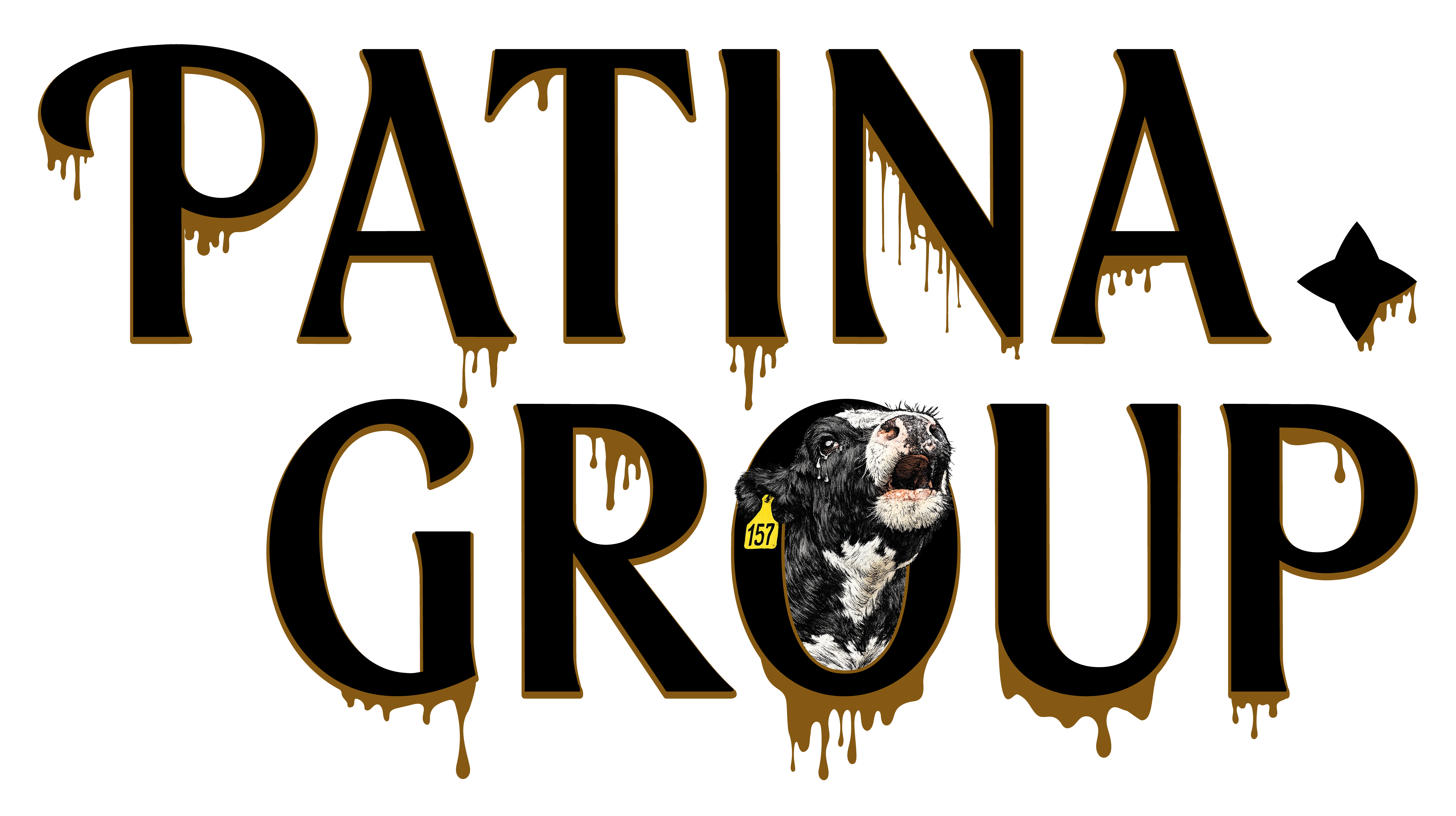 Patina Group logo with distressed cow emerging from the o in group.