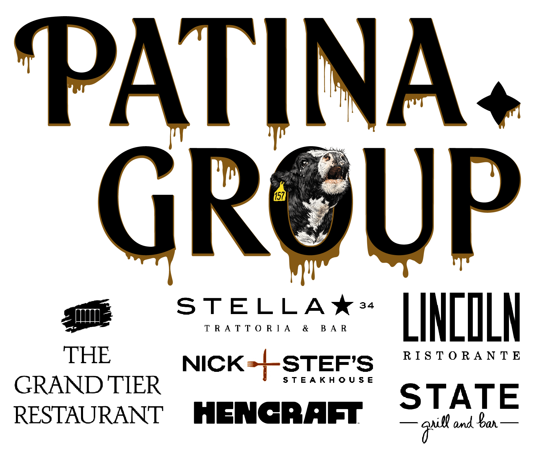 Logos for Patina Group, The Grand Tier Restaurant, Stella 34 trattoria and bar, Lincoln ristorante, Nick and Stef’s steakhouse, Hencraft, State grill and bar.
