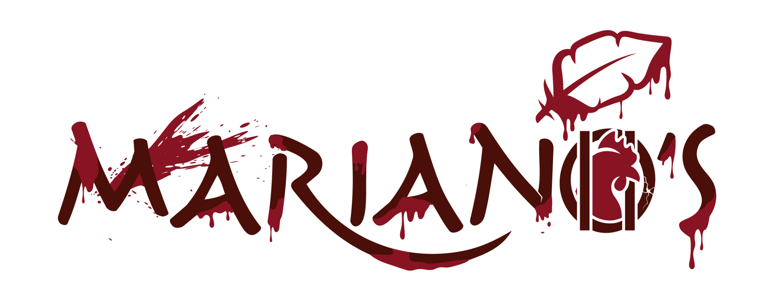 Bloody Mariano's logo with a chicken head inside the letter O and a blood-dripping feather.