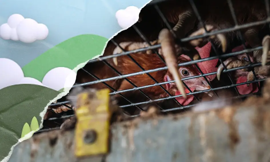 A cheerful green and blue graphic is ripped open like paper, revealing a hen peering through the wire of a dark factory farm cage.