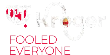 Distressed Kroger logo featuring blood-dripping egg and chicken silhouettes, symbolizing animal cruelty."