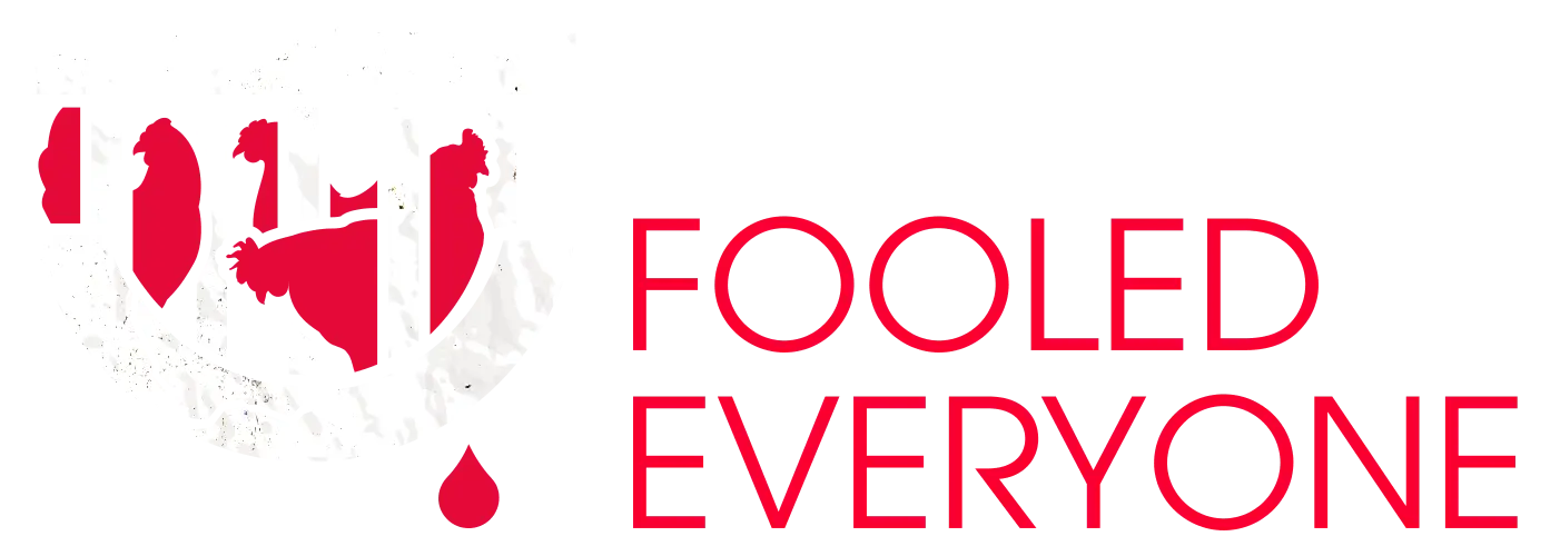 Distressed Kroger logo featuring blood-dripping egg and chicken silhouettes, symbolizing animal cruelty."